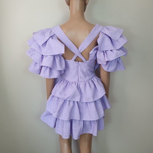 DONT BUY!ASOS LUXE dress S 8 lilac bubble hem ruffle puff sleeve tiered - Picture 6 of 8